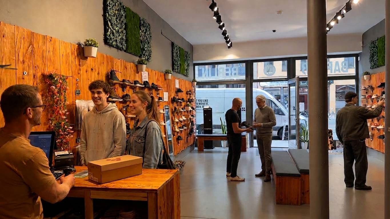 Blick in den Laden in der Brunnenstraße: Holzwand mit Schuhen, Beratung am Tresen, weitere Kundschaft im Raum.